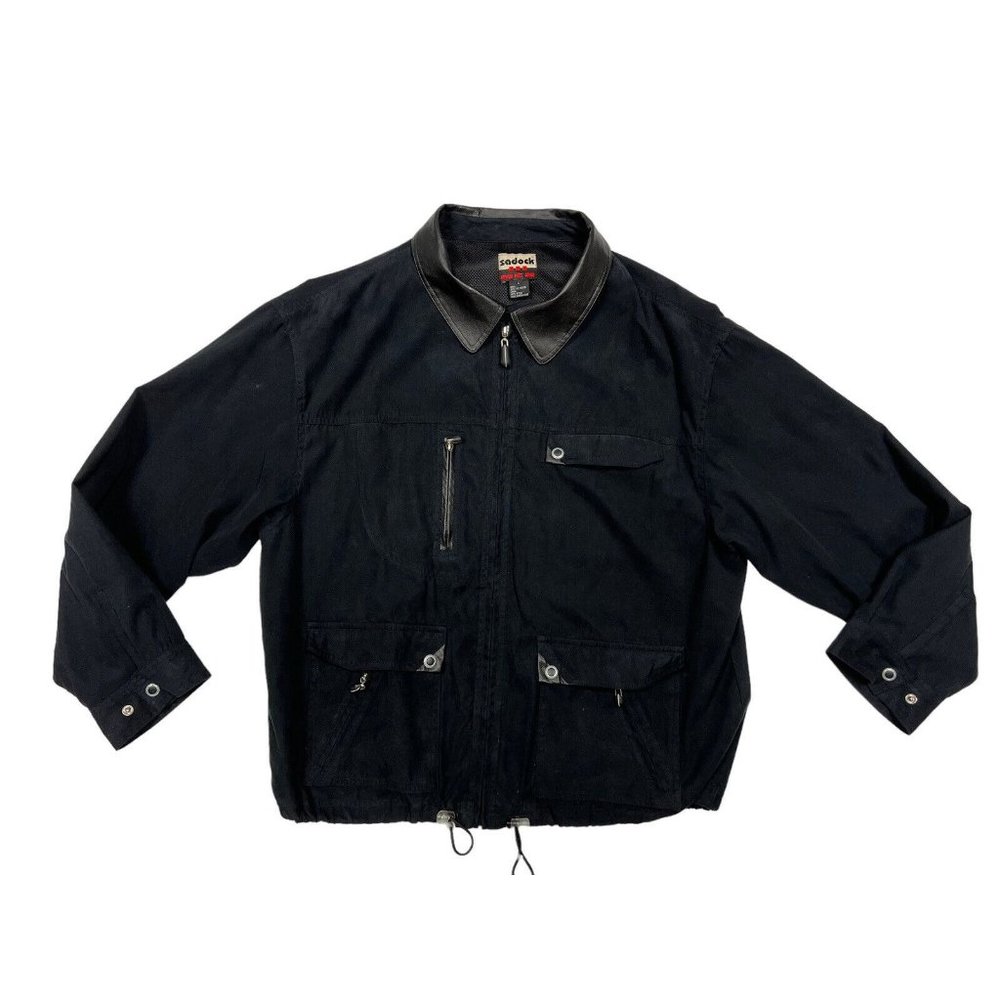 Jamie Saddock Black Jacket Mens Large Faux Leather Collar Windbreaker Golf